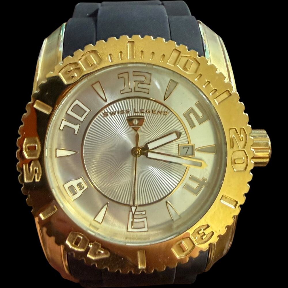 Swiss Legend Men's Gold Tone Dive Watch Black Silicone Band Rotating Bezel Date